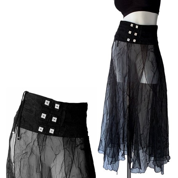 French Designer Biche de Bère vintage tiered/crinkled/pliseé sheer maxi skirt - Picture 15 of 15